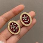 Flower Faux Pearl Earring 1 Pair - S925 Silver Needle - Red & Gold - One Size