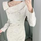 Asymmetric-neckline Button-trim Dress