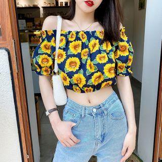 Boatneck Sunflower-print Crop Blouse