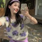 Elbow-sleeve Flower Applique Sweater