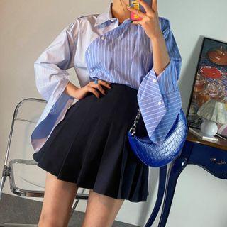 Striped Panel Shirt / Cargo Mini Skirt
