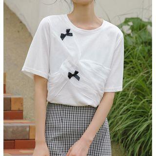 Short-sleeve Mesh Bow T-shirt White - One Size
