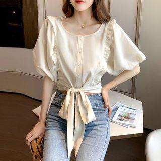 Tie-hem Elbow-sleeve Blouse