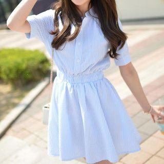 Striped Short-sleeve A-line Shirt Dress