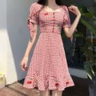 Square Collar Embroidered Ruffle Gingham A-line Dress