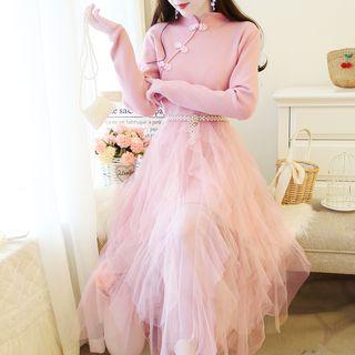 Long-sleeve Beaded Mesh-panel Dress