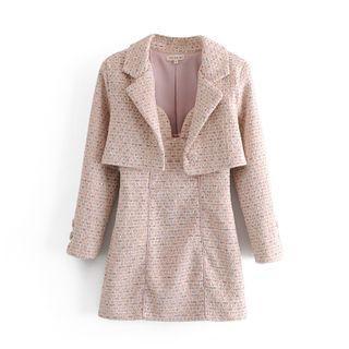 Set: Cropped One-button Tweed Blazer + Spaghetti Strap Mini Dress