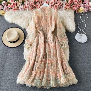 Long Sleeve Embroidered Mesh Dress