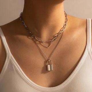 Lock & Heart Pendant Layered Necklace 16318 - 1 Pc - Silver - One Size