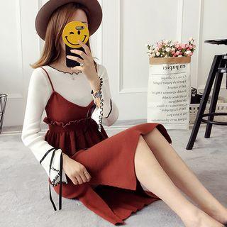 Set: Contrast Trim Sweater + Strappy Knit Dress