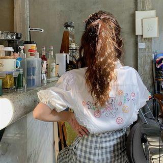 Embroidered Puff-sleeve Blouse / Plaid High-waist Skirt