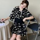 Elbow-sleeve V-neck Flower A-line Dress