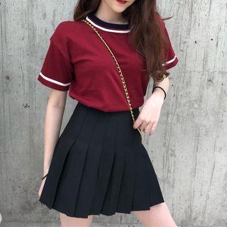 Color-block Crewneck T-shirt / Pleated Mini Skirt