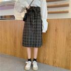 High-waist Plaid Midi Skirt With Sash