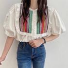 Puff-sleeve Lace Trim Embroidered Blouse White - One Size