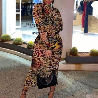 Long-sleeve Leopard Print Midi Sheath Dress