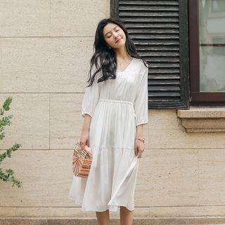 3/4-sleeve A-line Chiffon Dress White - One Size