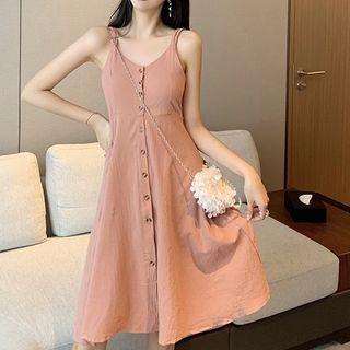 Spaghetti Strap Button-front A-line Dress