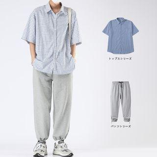 Short-sleeve Plaid Shirt / Drawstring-cuff Sweatpants / Set