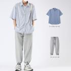 Short-sleeve Plaid Shirt / Drawstring-cuff Sweatpants / Set