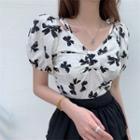 Puff-sleeve Cold-shoulder Ribbon Print Blouse White - One Size