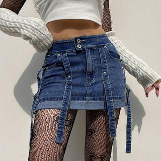 Low-rise Strappy Denim Miniskirt