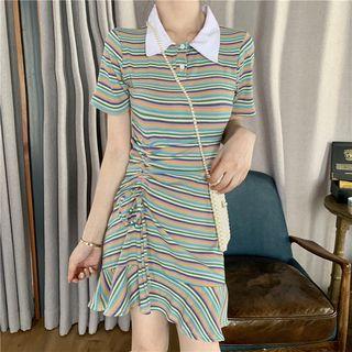 Striped Short-sleeve A-line Dress As Shown In Figure - One Size