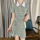 Striped Short-sleeve A-line Dress As Shown In Figure - One Size