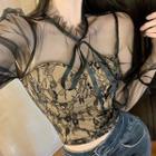 Long-sleeve Tie-neck Frill Trim Mesh Lace Top
