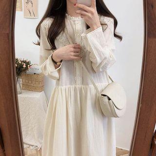 Lace Trim Long-sleeve Midi A-line Dress Off-white - One Size