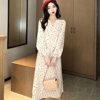 Heart Print Long-sleeve Midi A-line Dress Almond - One Size