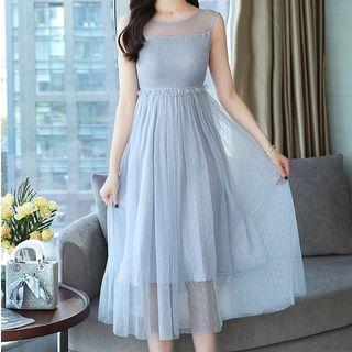 Sleeveless Polka Dot Mesh Paneled A-line Midi Dress