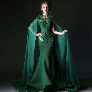Mesh Trim Beaded Sleeveless Evening Gown With Cape