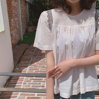 Smocked-yoke Embroidered-detail Top