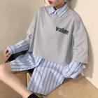 Striped Oversize Shirt / Lettering Elbow-sleeve T-shirt