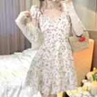 Short-sleeve Flower Print Mini A-line Dress / Plain Cardigan