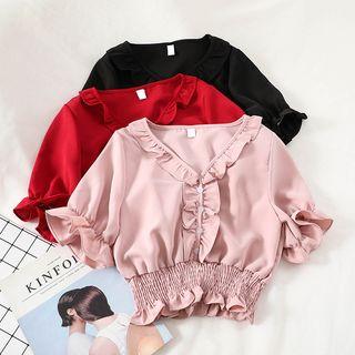 V-neck Ruffled Trim Chiffon Cropped Top