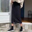 Drawstring-waist Slit-front Midi Skirt Black - One Size