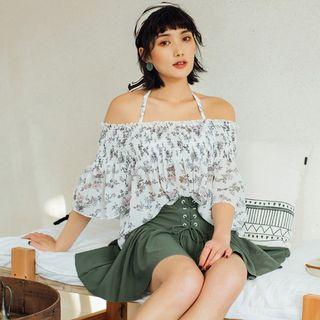 Set: Flower Print Bikini + Lace Swim Skirt + Cover Up