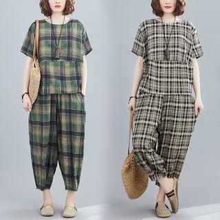 Set: Plaid Short-sleeve Blouse + Cropped Harem Pants