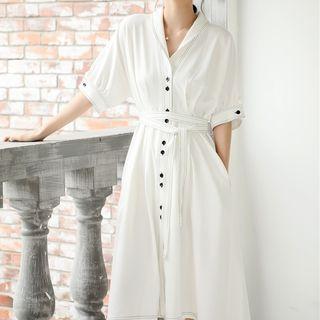 Short-sleeve V-neck Single-breasted Midi Shirtdress
