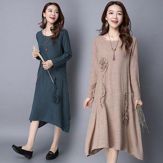 Flower Applique Long Sleeve Midi Dress