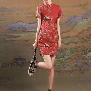 Short-sleeve Crane Print A-line Dress