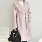 Wide-lapel Wool Blend Long Coat With Sash