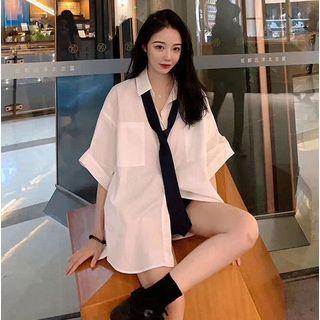 Short-sleeve Front Pocket Button Shirt With Tie