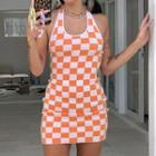 Halter-neck Checkered Mini Sheath Dress