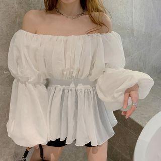 Off-shoulder Long-sleeve Plain Mesh Chiffon Top