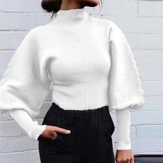 Puff-sleeve Mock-neck Cropped Sweater