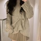 Long-sleeve Cable Knit Sweater / Plain Pleated Mini Skirt