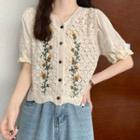 Short-sleeve Embroidered Cutout Blouse